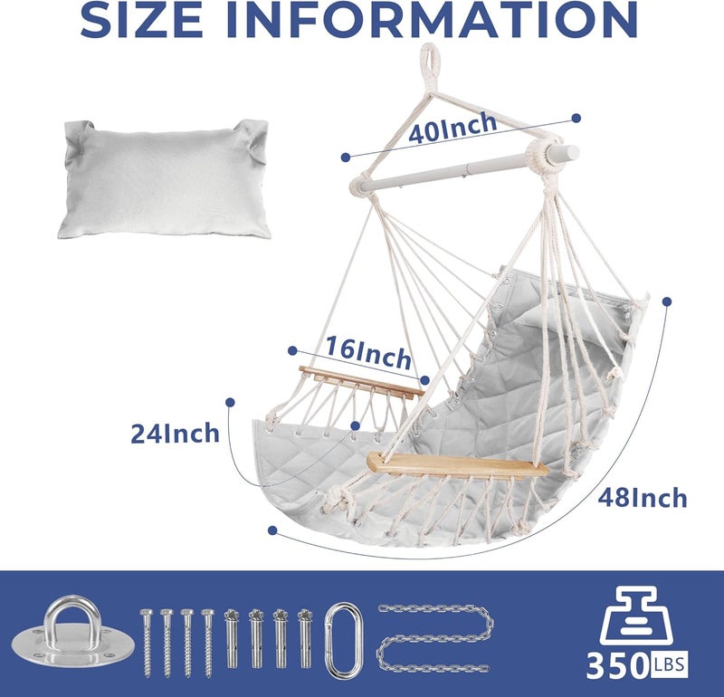 ROOITY Hammock Chair Hanging Swing with Wooden Armrests;Steel Spreader Bar,Pillows,Hardware kit Included;Cotton Woven Fabric;Up to 350 Lbs,for Indoor Light Grey - Image 4